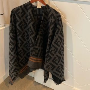Fendi FF Logo Grey Wool Fringe Cape Poncho